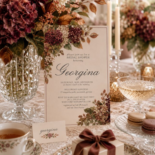 Invitation Burgundy et ivoire Hydrangea Monogramme Baby Showe (Créateur téléchargé)