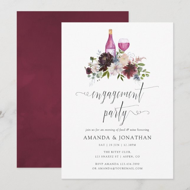 Invitation Burgundy et Navy Engagement Party Dégustation de v (Devant / Derrière)