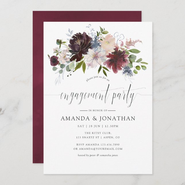Invitation Burgundy et Navy Floral Engagement Party (Devant / Derrière)