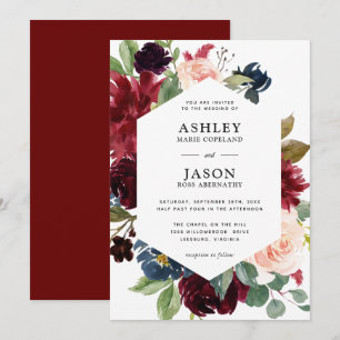 Invitation Burgundy et Navy Mariage floral d'aquarelle bleu