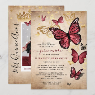 Invitation Burgundy et Papillon d'or Quinceanera Anniversaire