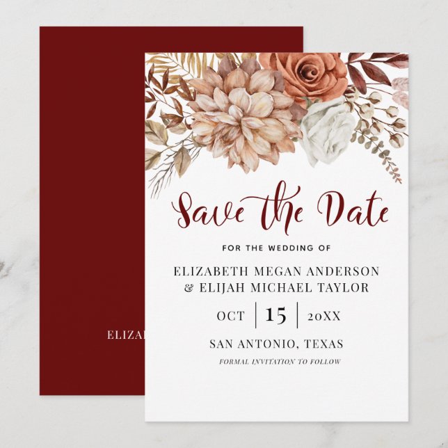 Invitation Burgundy Fall Boho Floral Enregistrer la date Invi (Devant / Derrière)