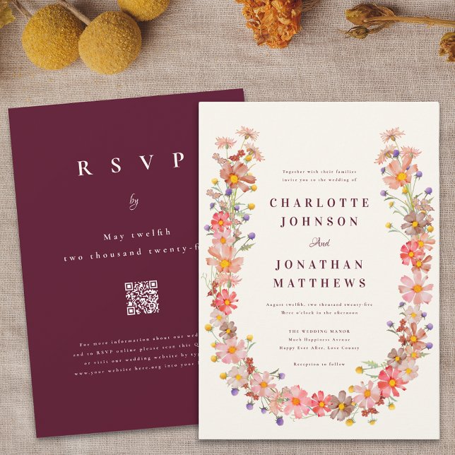 Invitation Burgundy Fall Boho Rustique Floral QR Code Mariage (Boho wildflower wreath burgundy fall floral wedding invitation elegant stylish bohemian )