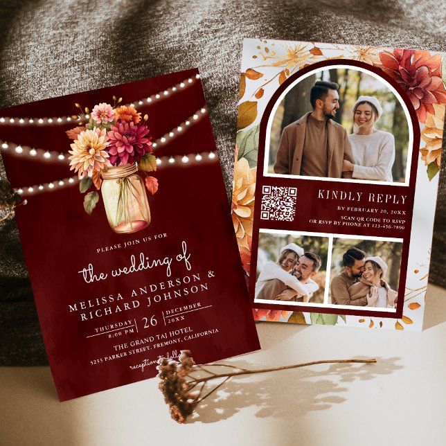 Invitation Burgundy Fall Dahlia Mason Jar QR Code Mariage (Créateur téléchargé)