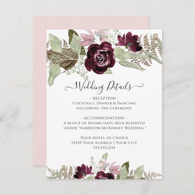 Invitation Burgundy Fall Floral Elegant Blush Mariage Détails (Devant / Derrière)
