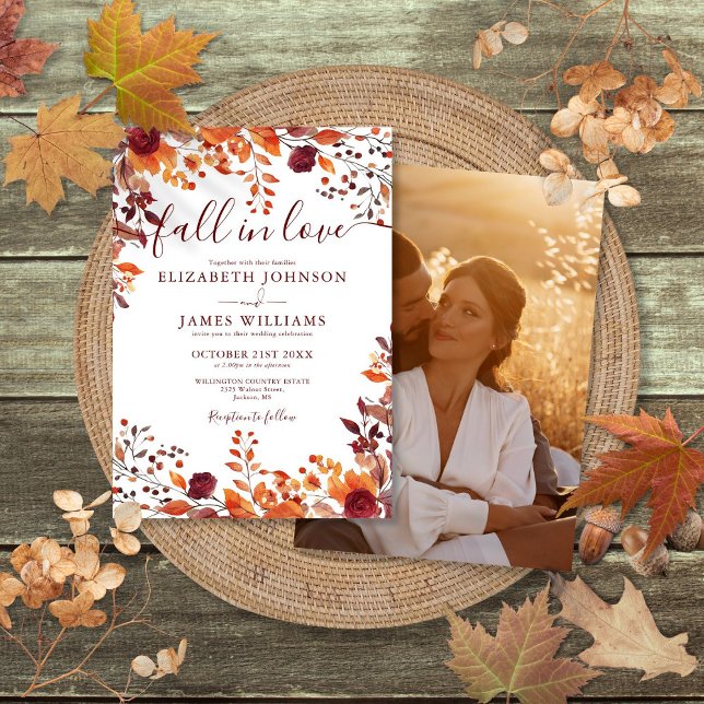 Invitation Burgundy Fall In Love Automne Floral Photo Mariage (Burgundy Fall In Love Autumn Floral Photo Wedding Invitation)
