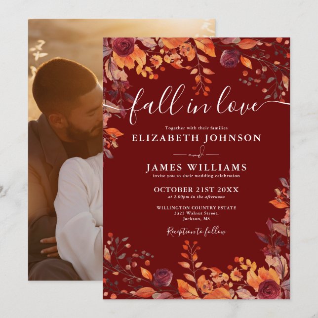 Invitation Burgundy Fall In Love Autumn Floral Photo Wedding (Devant / Derrière)