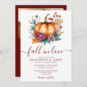 Invitation Burgundy Fall In Love Citrouille Photo QR Mariage