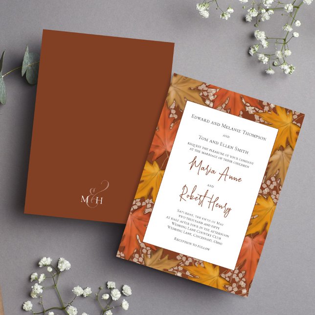 Invitation Burgundy Fall Leaves Watercolor Mariage (Burgundy watercolor fall leaves elegant wedding invitation)