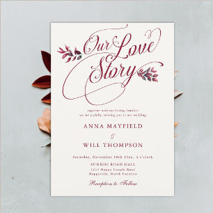 Invitation Burgundy Fall Love Story Romantique Elégant Mariag