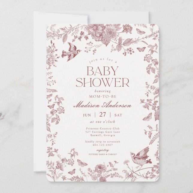 Invitation Burgundy Fall Toile De Jouy Baby shower Floral (Devant)