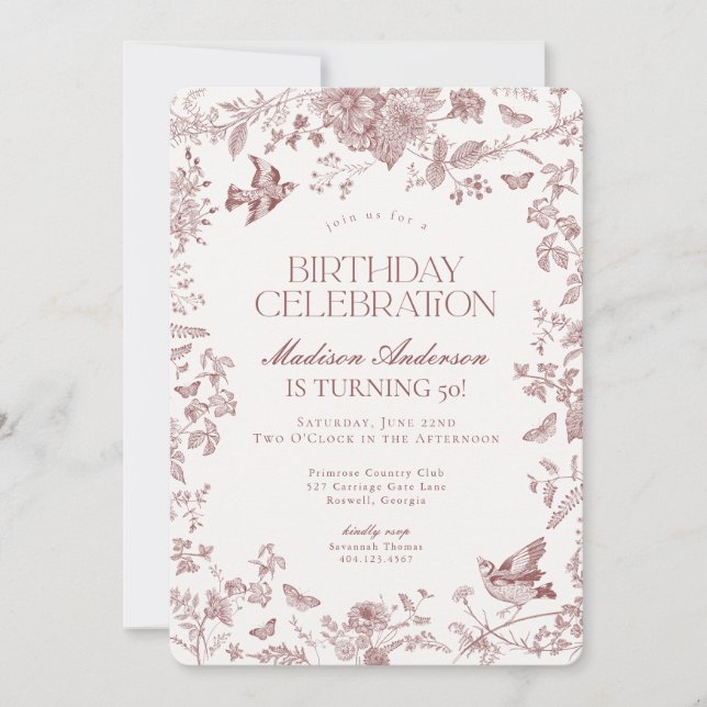 Invitation Burgundy Fall Toile De Jouy Floral Anniversaire (Devant)