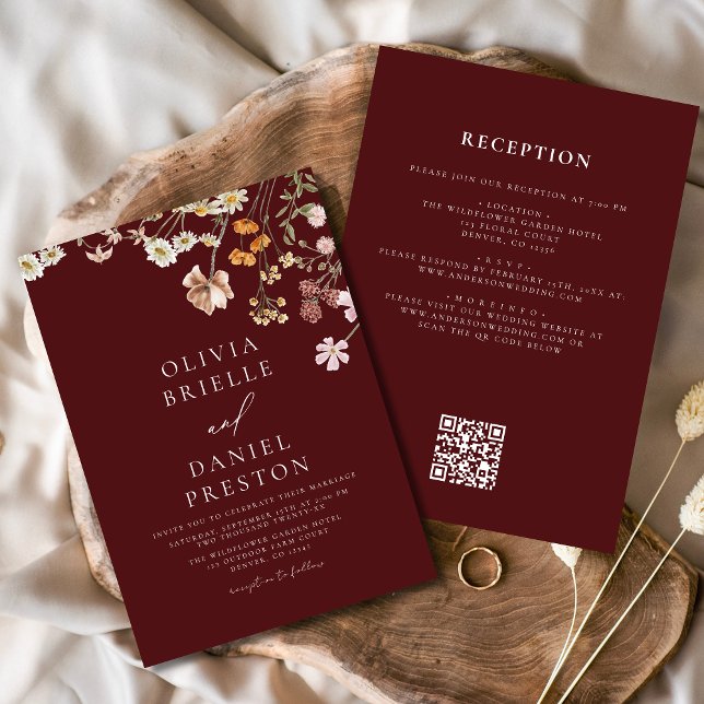 Invitation Burgundy Fleur sauvage All in One QR Code Mariage (Créateur téléchargé)