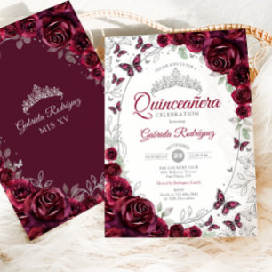 Invitation Burgundy Fleurs Argentées Quinceanera