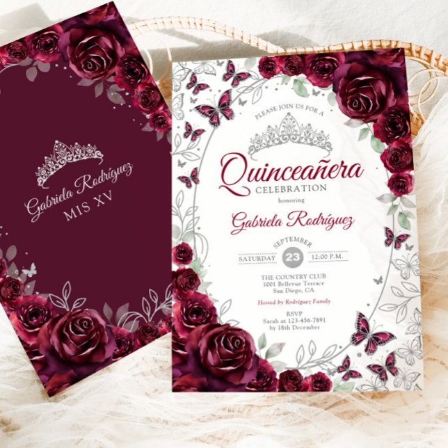 Invitation Burgundy Fleurs Argentées Quinceanera (Créateur téléchargé)
