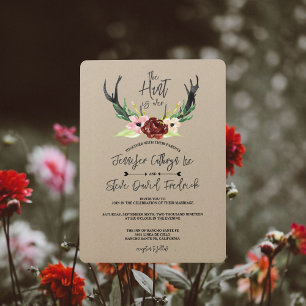 Invitation Burgundy Floral Antler Boho Hunt est au-dessus du