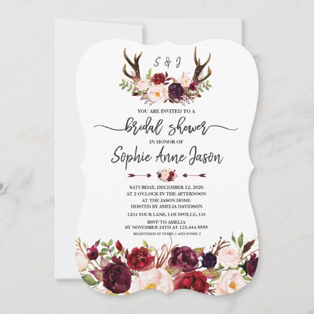 Invitation Burgundy Floral Antlers Handwriting Bridal Shower (Devant)
