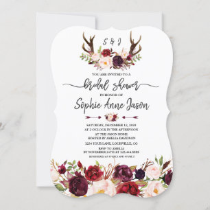 Invitation Burgundy Floral Antlers Handwriting Bridal Shower