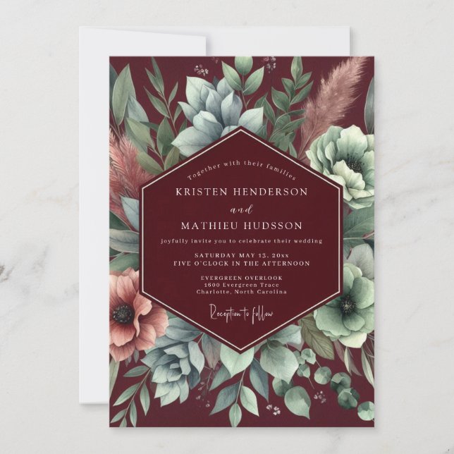 Invitation Burgundy Floral Assemblage Wedding (Devant)