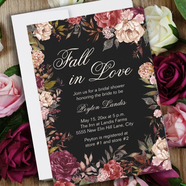 Invitation Burgundy Floral Black Fall in Love Fête des mariée (Créateur téléchargé)