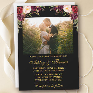 Invitation Burgundy Floral Black Gold Mariage Photo