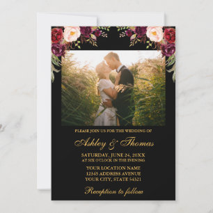 Invitation Burgundy Floral Black Gold Mariage Photo