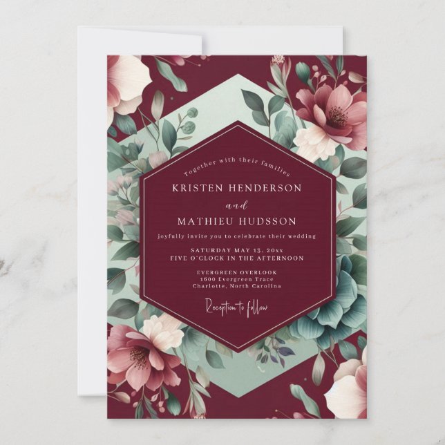 Invitation Burgundy Floral Bloom Romance Wedding (Devant)