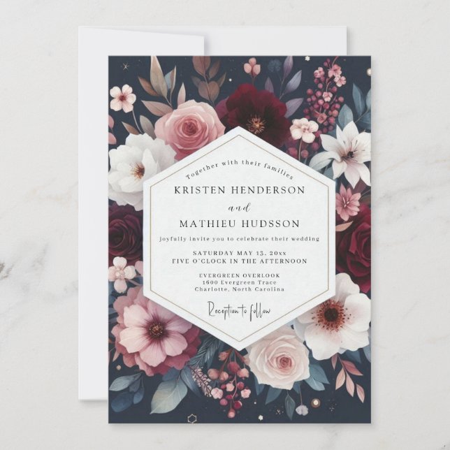 Invitation Burgundy Floral Bloom Wedding (Devant)