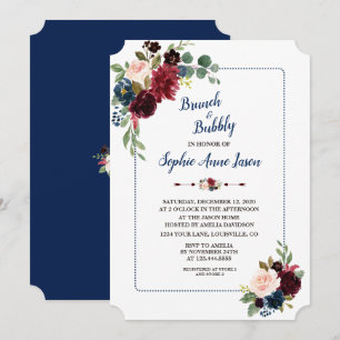 Invitation Burgundy Floral Cadre Bleu Marine Mariage