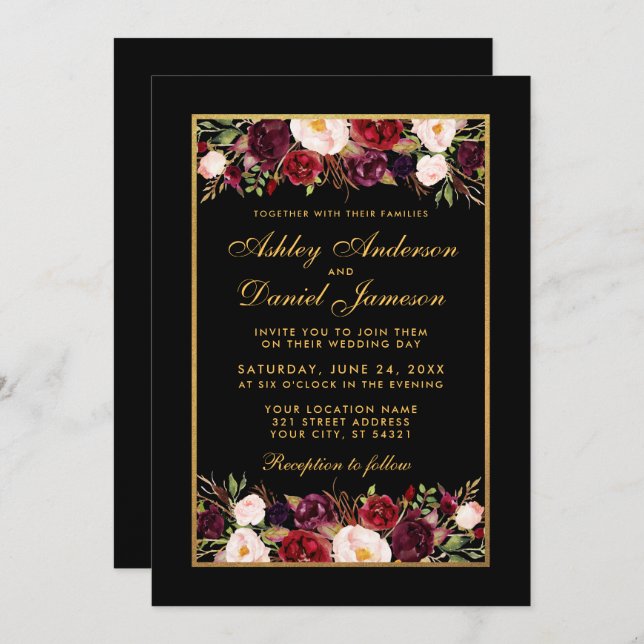 Invitation Burgundy Floral Elegant Black Gold Photo Mariage (Devant / Derrière)