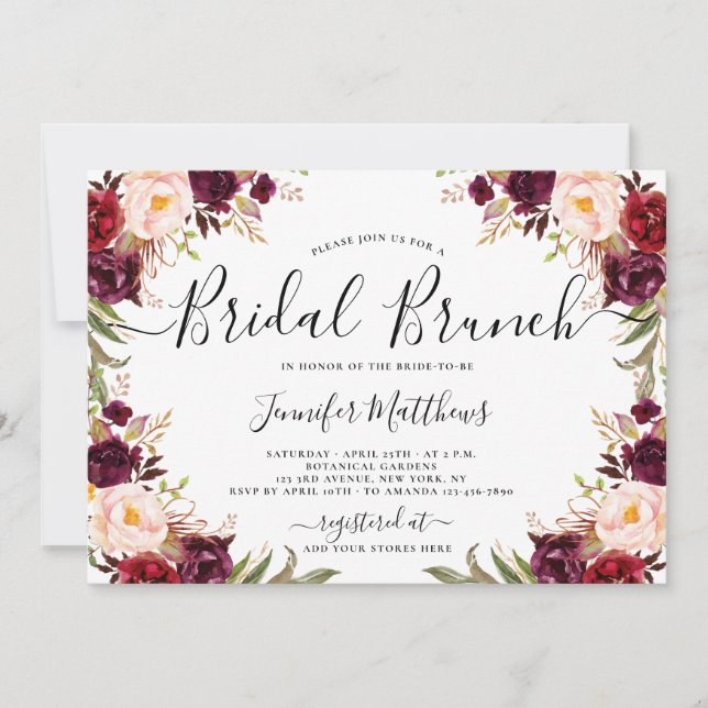 Invitation Burgundy Floral Élégant Script Bridal Brunch (Devant)