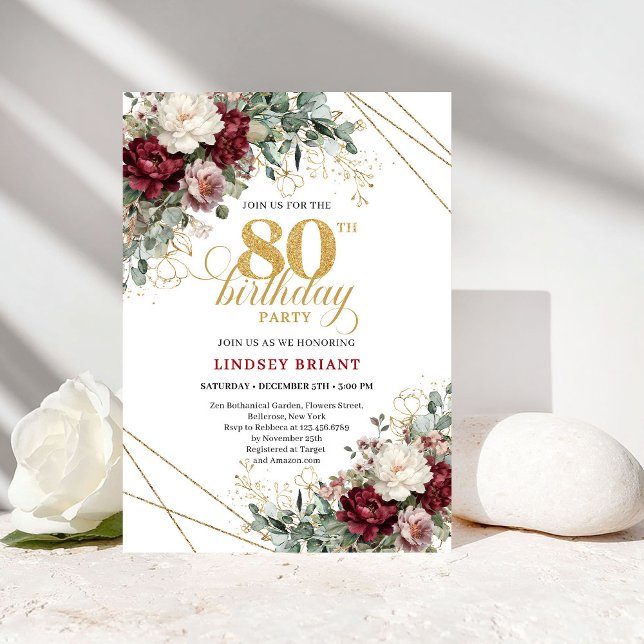 Invitation Burgundy Floral Eucalyptus Boho 80th Birthday (Burgundy Floral Eucalyptus Boho 80th Birthday)