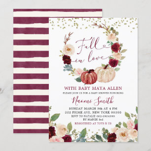 Invitation Burgundy Floral Fall in Love Citrouille Baby showe