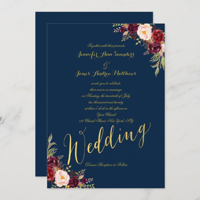 Invitation Burgundy Floral Gold Foil Navy Blue Wedding Invita (Devant / Derrière)