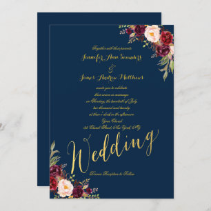 Invitation Burgundy Floral Gold Foil Navy Blue Wedding Invita