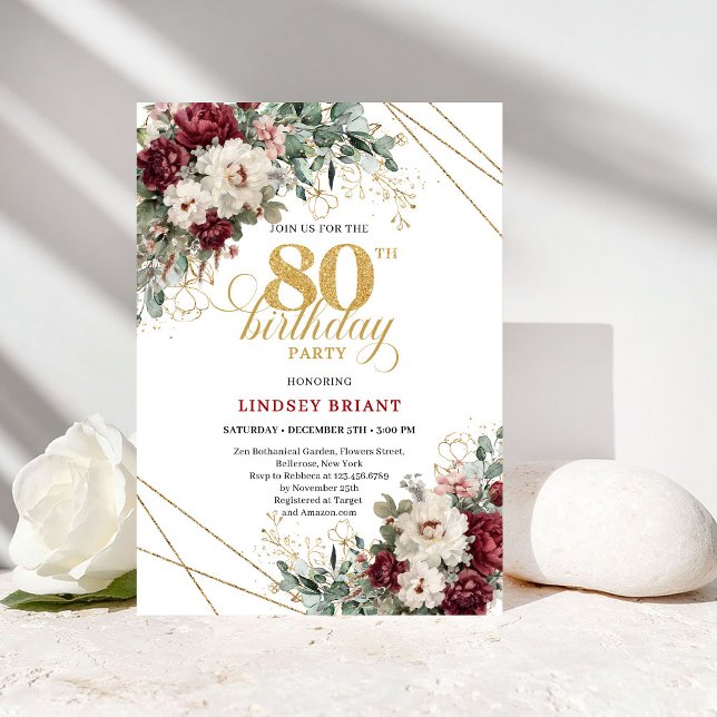 Invitation Burgundy Floral Gold Greenery 80th Birthday (Burgundy Floral Gold Greenery 80th Birthday)