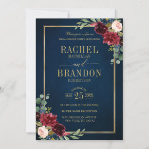 Invitation Burgundy Floral Gold Navy Bleu Russe Fiançailles