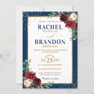 Invitation Burgundy Floral Gold Navy Bleu Russe Mariage