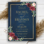 Invitation Burgundy Floral Gold Navy Bleu Russe Mariage<br><div class="desc">Aquarelle bordeaux bleu marine rousse rose faire-part de mariage floral modèle avec cadre or et lettrage doré avec feuillage botanique vert et eucalyptus feuilles en arrière - plan bleu marine. Ce magnifique design facile à customiser peut s'adapter facilement à vos couleurs, styles et thèmes mariages et il est un choix...</div>