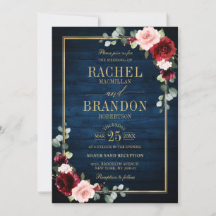 Invitation Burgundy Floral Gold Navy Bleu Russe Mariage