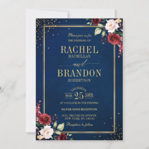 Invitation Burgundy Floral Gold Navy Bleu Russe Mariage