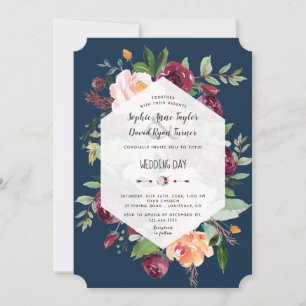 Invitation Burgundy Floral Gold Navy Blue Mariage géométrique