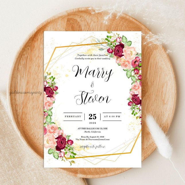 Invitation Burgundy Floral Gold Polygonal Geometric Wedding (Burgundy Floral Gold Polygonal Geometric Wedding)
