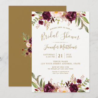 Invitation Burgundy Floral Gold Script Fête des mariées rusti