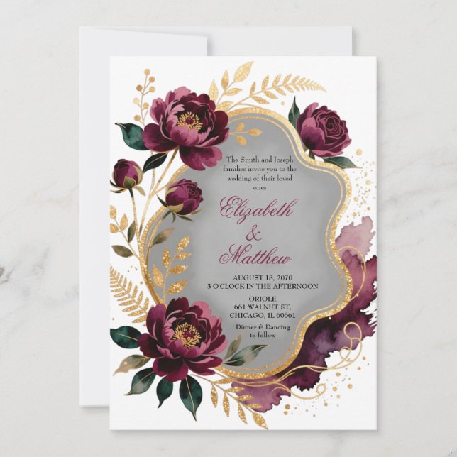 Invitation Burgundy Floral Gray Gold Luxury Wedding (Devant)