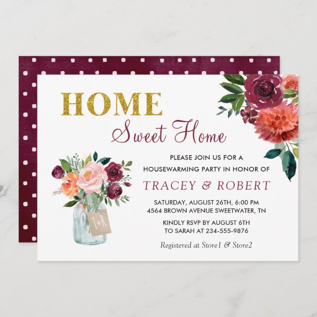 Invitation Burgundy Floral Home Sweet Home Ménage (Devant / Derrière)