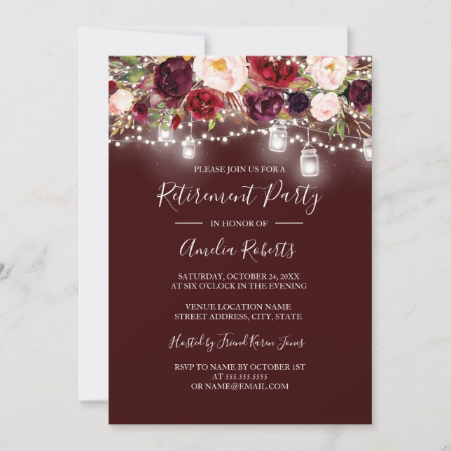 Invitation Burgundy Floral Lights Retraite (Devant)