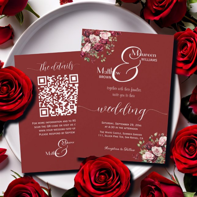 Invitation Burgundy Floral Moderne Script QR Code Mariage (Créateur téléchargé)
