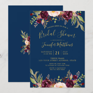 Invitation Burgundy Floral Navy Bleu Rustique Fête des mariée