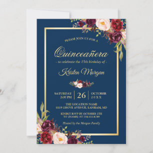 Invitation Burgundy Floral Navy Blue Quinceanera Anniversaire